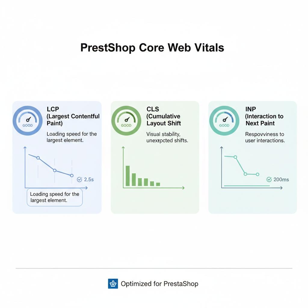 Infografica dei Core Web Vitals per PrestaShop LCP, CLS, INP
