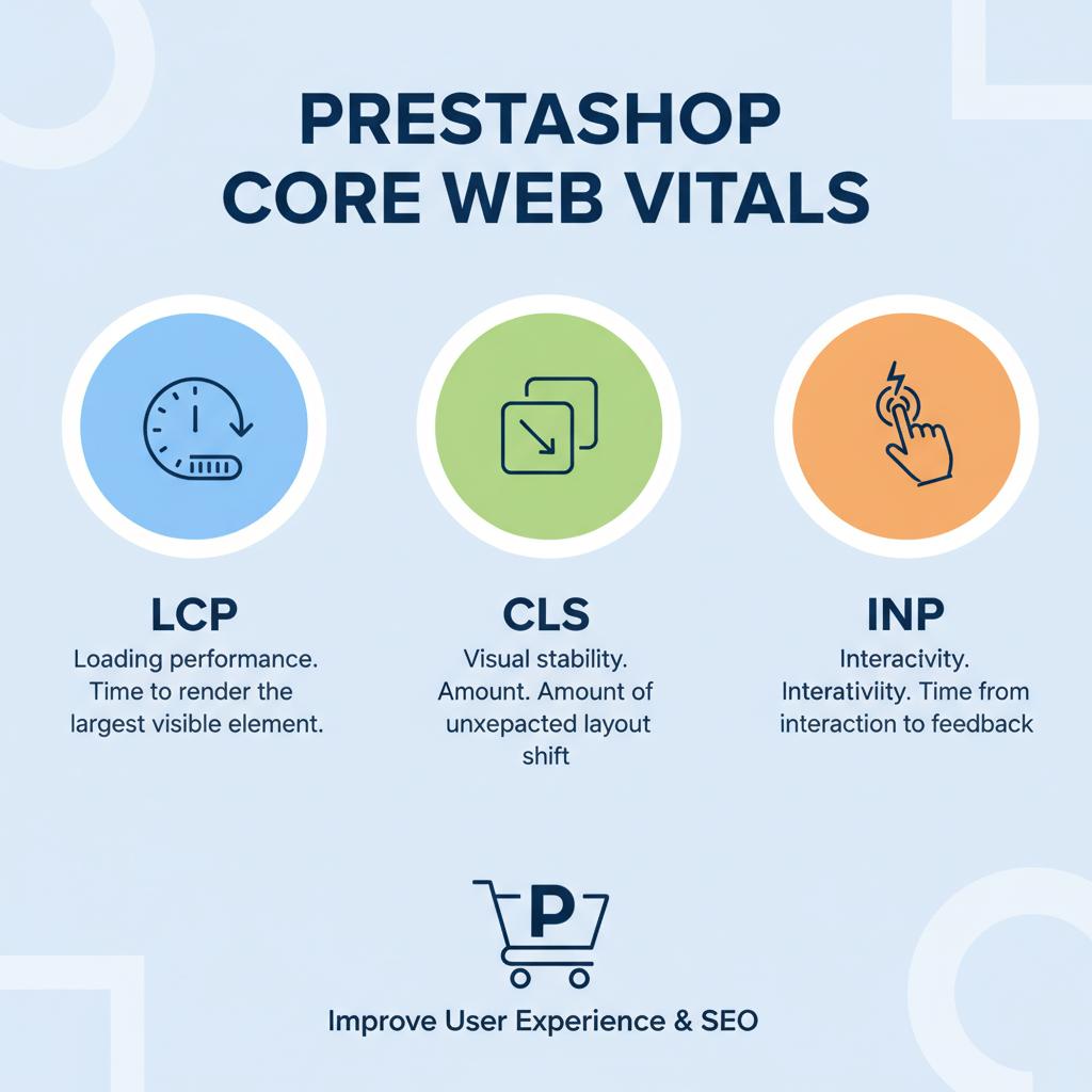 Infografica sui Core Web Vitals di PrestaShop: LCP, CLS, INP