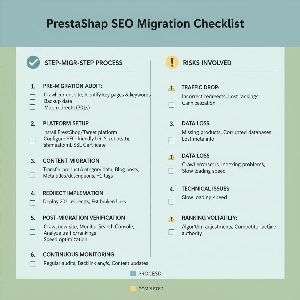 Checklist migrazione SEO per PrestaShop con rischi evidenziati