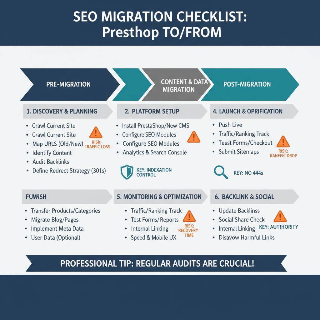 Infografica della checklist migrazione SEO da/verso PrestaShop