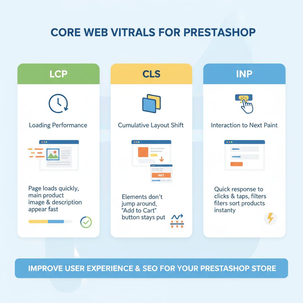 Infografica sui Core Web Vitals per PrestaShop: LCP, CLS, INP
