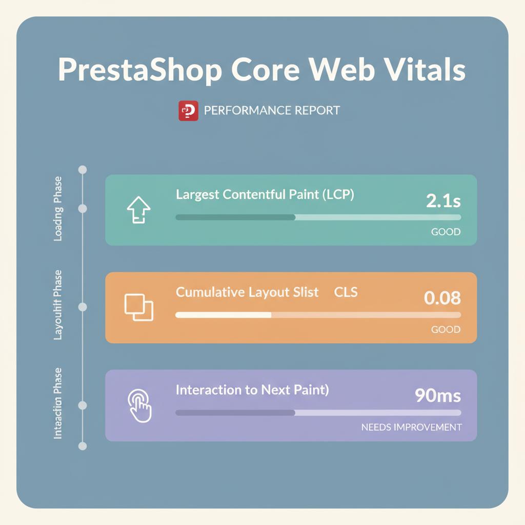 Grafico infografico su Core Web Vitals per PrestaShop con LCP, CLS e INP