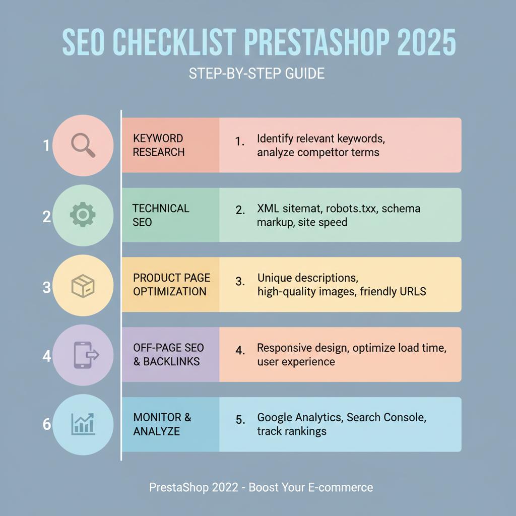 Checklist infografica SEO PrestaShop 2025 con icone e passaggi numerati