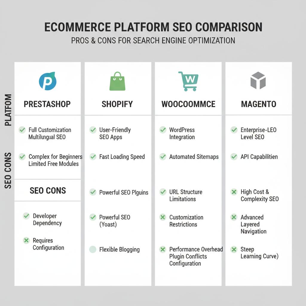 Confronto SEO infografico tra PrestaShop, Shopify, WooCommerce e Magento